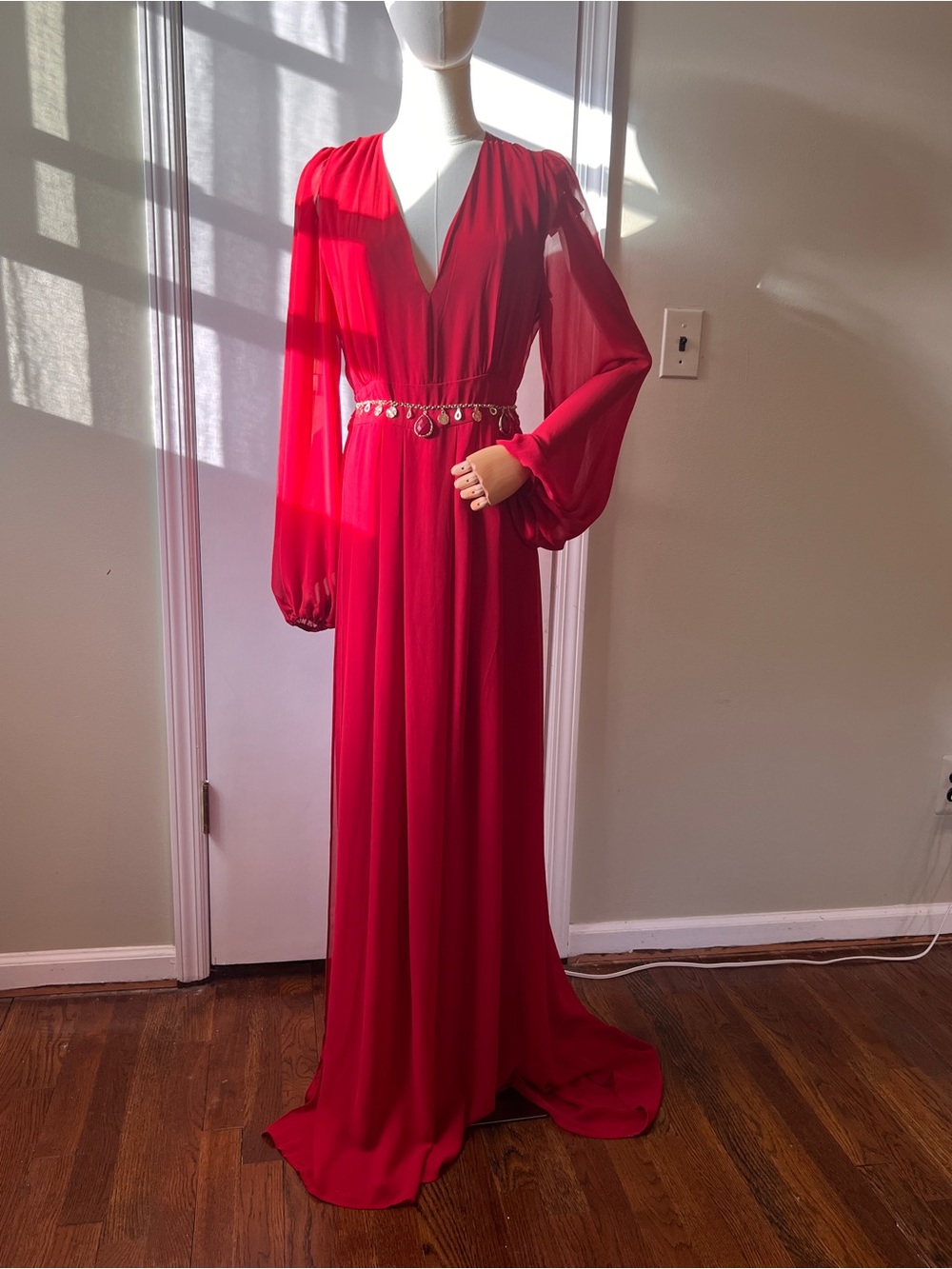 New York & Company Red V-Neck Maxi Dress with Beaded Waist